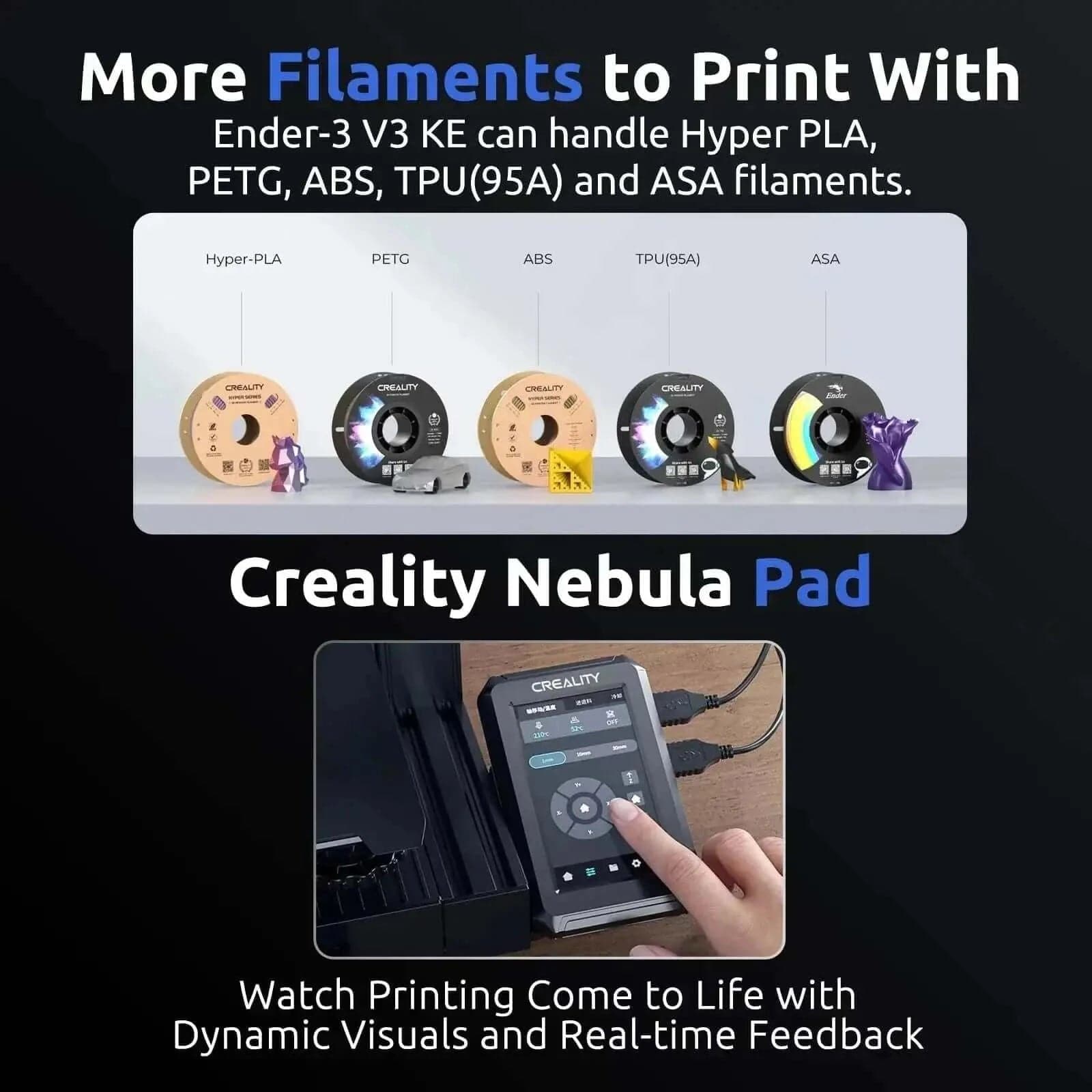 Creality Ender 3 V3 KE+10kg Ender-PLA+ Filament 1.75mm 1kg/Spool Features:

【Printer and Filament Combo】This Combo Includes: Ender-3 V3 KE Printer*1, 10*1kg PLA+ Filament(5*White, 5*Black).
【Ship From Amazon FBA Warehouse】Same shCreality Ender 3 V3 KE+10kg Ender-PLA+ Filament 13D Printer