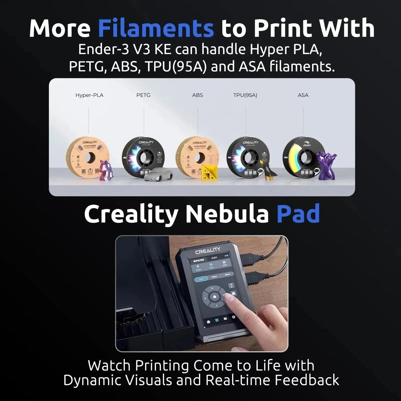 Creality Ender 3 V3 KE+Premium Enclosure, Free to Get 6 Spools PETG Fi Features:

【Free for 6 Spools Sunlu PETG Filaments】This Combo Includes: Ender-3 V3 KE Printer*1, Yoopai Premium Enclosure*1, And free for 6 spools Sunlu PETG FilameCreality Ender 3 V3 KE+Premium Enclosure, Free3D Printer