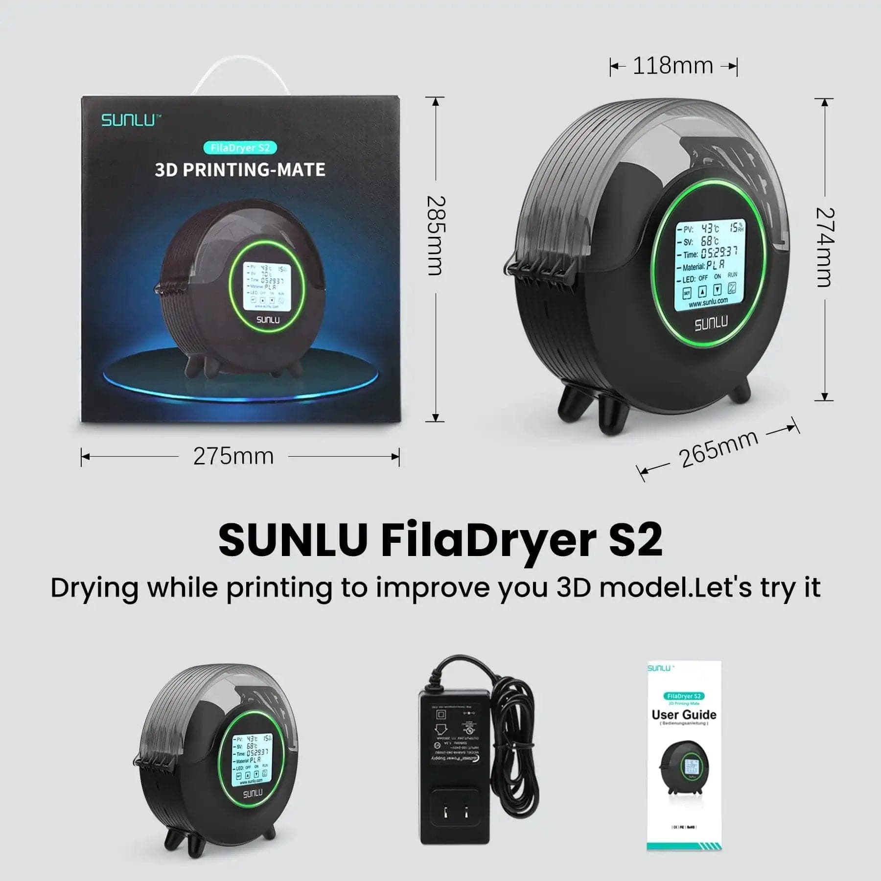 SUNLU Filament Dryer Box S2Features:


💝Same shipping service with Amazon. Enjoy reliable performance and fast shipping with the Amazon FBA Warehouse.


💝4.6" Touch Screen for Real-Time MoniSUNLU Filament Dryer Box S2Filament Dryer